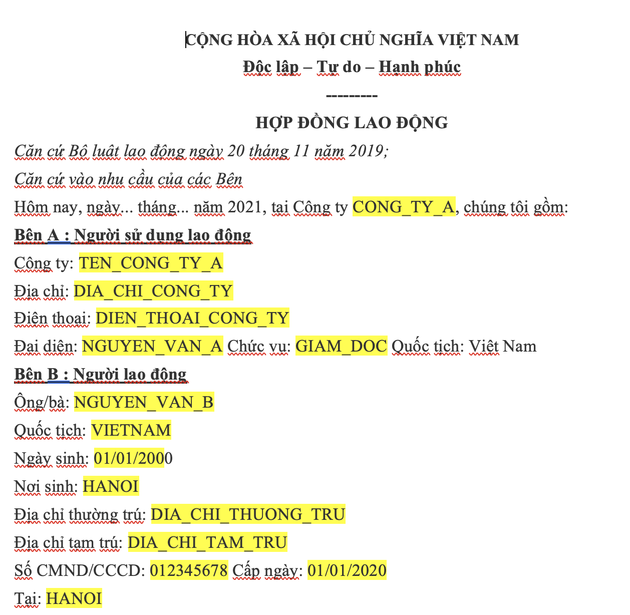 tạo mẫu hợp đồng